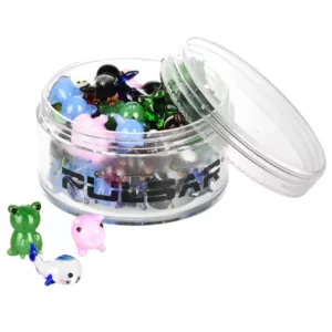 Image of plastic container with colorful, shaped beads for display in store or online. Shows variety of products available. Attracts potential customers and used for advertising.