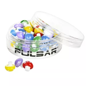 Small, colorful plastic beads in a clear container with a bright blue center, sold as Banger Beads - Pulsar (BRCD) on a smoking company website.