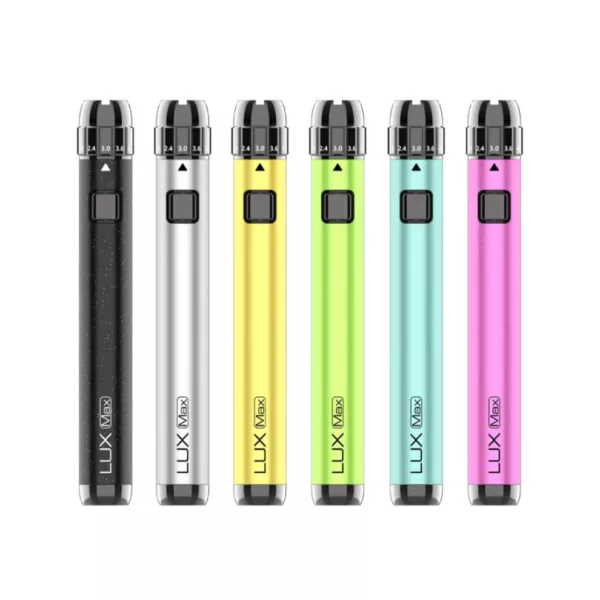 Lux MAX - Yocan vaporizer with clear plastic body, white base, 5 buttons (colored yellow, blue, green, red, purple), battery status, temperature, and resistance display, rectangular shape, power button, and small white screen on front.