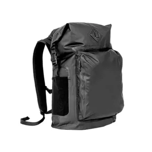 Waterproof black backpack with zippered pocket and large back compartment. Perfect for keeping your gear dry.
