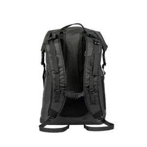 The DRY+ Backpack from RYOT is a 100% polyester backpack with a large main compartment, a smaller compartment, ventilated back panel, adjustable shoulder strap, waist strap, and a waterproof interior with a laptop compartment and hydration reservoir.