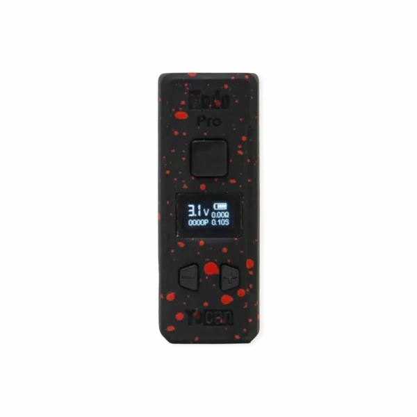 Small black and red vaporizer with red and black display screen.