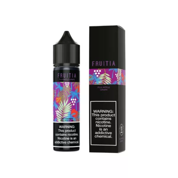 Fruita e-liquid bottle with pink/purple floral design, clear glass, black cap, sitting on white background.