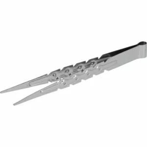 Stainless steel long tongs with curved handle and 3 prongs for easy gripping of hot food or cooking tools. 22cm in length.