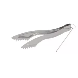 Stainless steel winged tipped tongs with long, pointed tips and hooked end for handling hot food without burning.