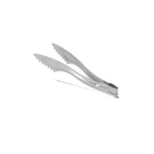 Stainless steel tongs with a curved, serrated tip and metal clip handle for easy gripping. Shiny, metallic surface. Long, curved handle. White background.