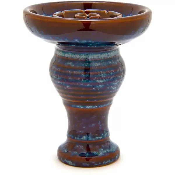 A blue vase with a brown and white pattern, round base, and narrow neck sits on a white surface. It is the Olympia Hookah Bowl by BYO.