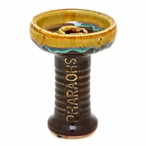 Elegant, gold-accented clay hookah bowl shaped like a snake, with brass base ring. Pharaohs BRCD.