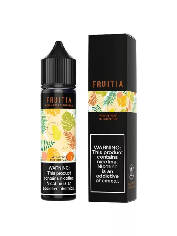Enjoy a refreshing fruit flavor with Fruitia's Peach Pear Clementine Juice, available in a pack of cigarettes.