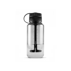 Budsy - Puffco offers a sleek, clear plastic water bottle with a black screw cap and handle, featuring the brand logo. Perfect for on-the-go vaping.