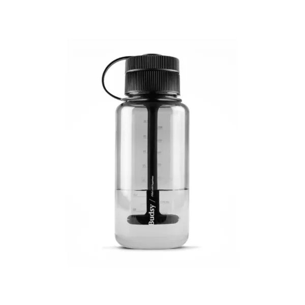 Budsy - Puffco offers a sleek, clear plastic water bottle with a black screw cap and handle, featuring the brand logo. Perfect for on-the-go vaping.