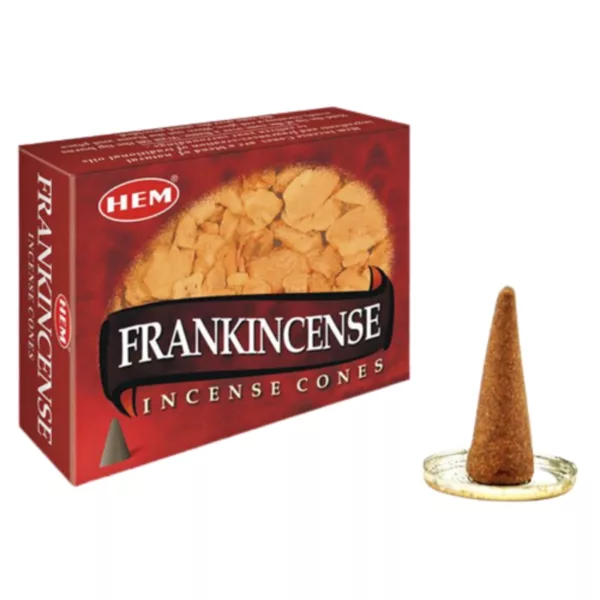 Brown Frankincense Cones in cylindrical shape with pointed tip, packaged in cardboard with clear plastic window. Stacked cones with transparent plastic tube for dispensing.