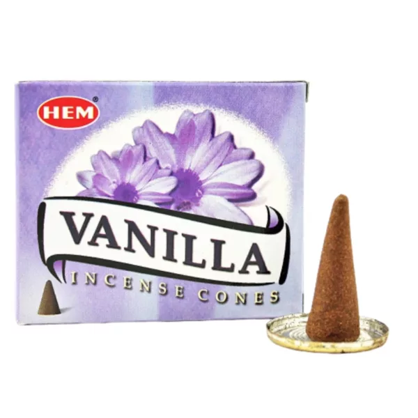 6 vanilla cones with purple & white flowers on top, made of plastic. White package with black lettering.