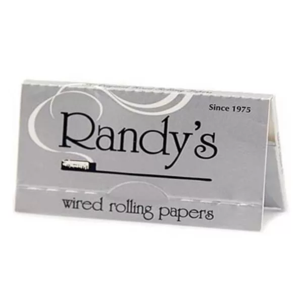 White card with grey ribbon, 'Randy's Wired Papers' in black ink on front.