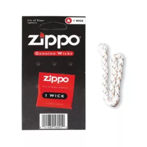 Sealed white ziplock bag with black handle and white Zippo lighter attached. White label with black text reading Zippo Wick. Small white tab on handle with black text reading Zippo Wick.
