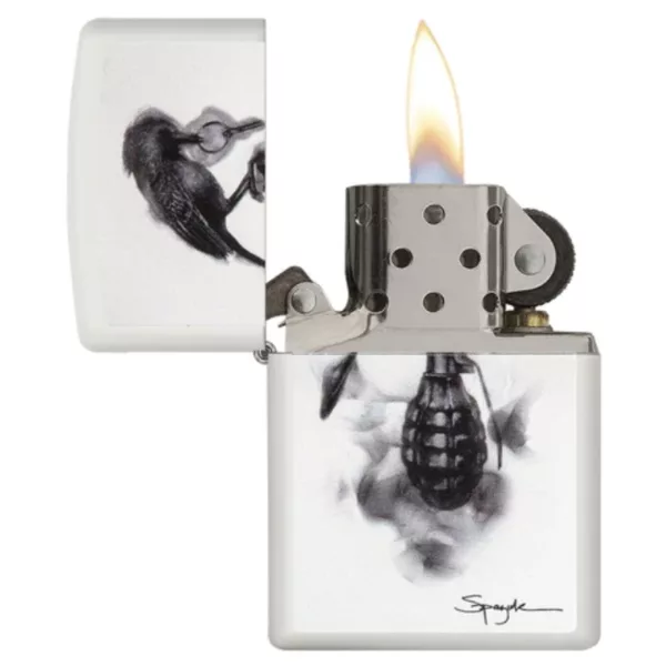 Zippo lighter with black and white bird design, perched on a branch with spread wings on white background.