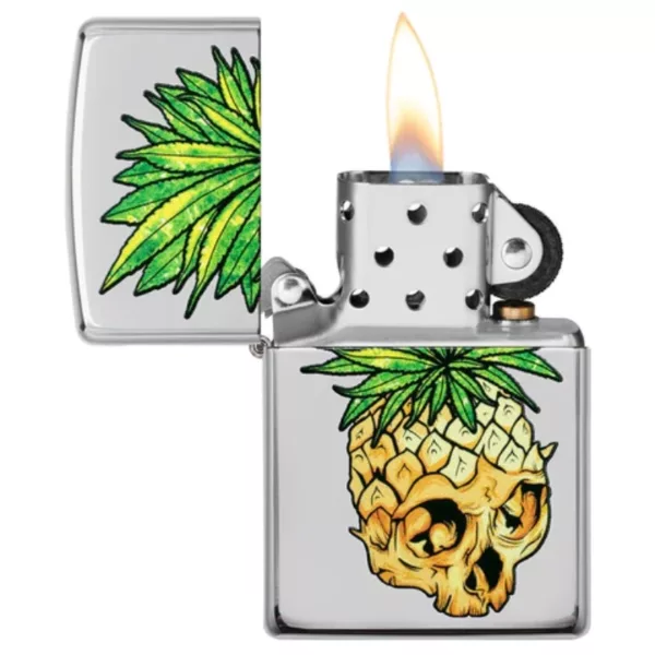 Zippo Leaf Skull Pineapple lighter with yellow and green pineapple design, black and white skull on top, white background.