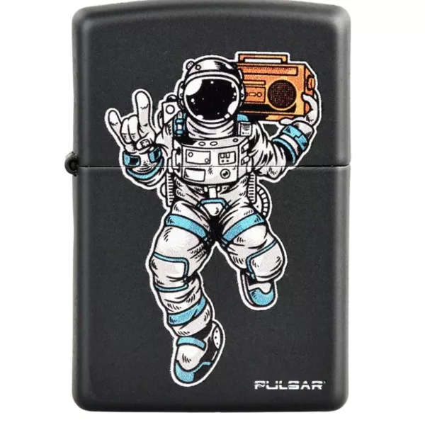 Black finish with silver accents, astronaut in space suit design, features earth/moon image on back.
