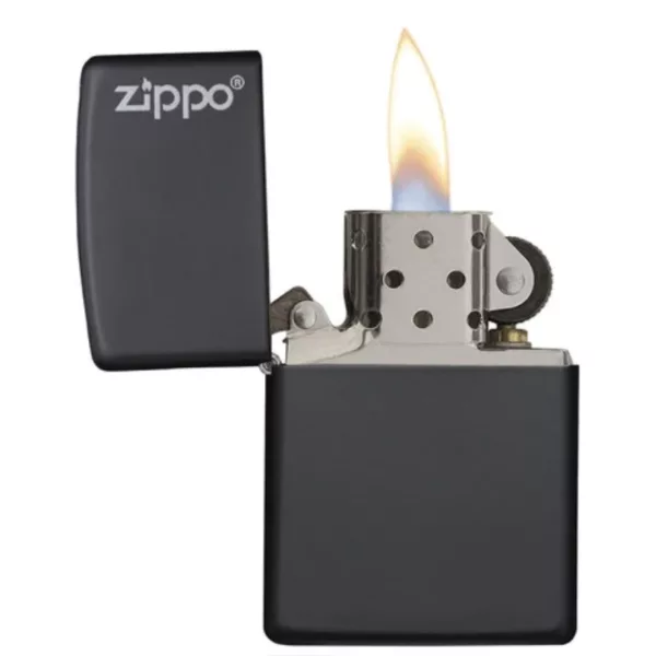 A sleek, modern black matte Zippo lighter with the classic Zippo design on the front. Perfect for any smoker's collection.
