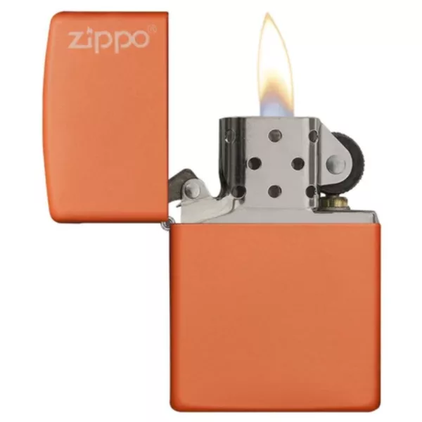 Orange Zippo lighter with bold white 'Zippo' logo on front and back, open to reveal lit flame. Shiny rectangular shape with rounded edges. Featured on smoking company website.