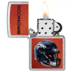 NFL Broncos Zippo lighter features a football helmet design with team logo, clear glass front, metal casing, and a durable construction. It has a button to turn it on and off, a hinge for hanging, and a small flame for lighting cigarettes. It's a unique and practical gift or personal accessory.