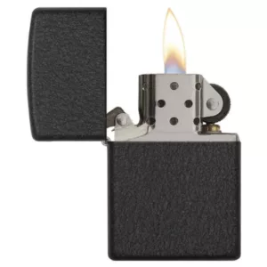 Black Crackle Zippo lighter with open flame for smoking products.