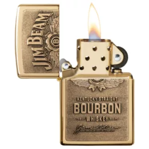 Gold Zippo lighter with 'Jim Beam' in black on rectangular, smooth metal body.