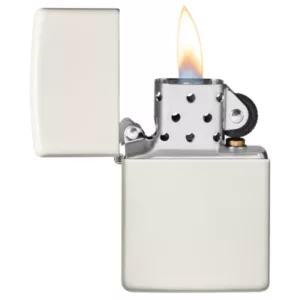 Glow in the dark matte Zippo lighter with a rectangular shape and rounded edges, made of metal with a smooth surface. It features an open flame and is not attached to any other object, shown on a white background.