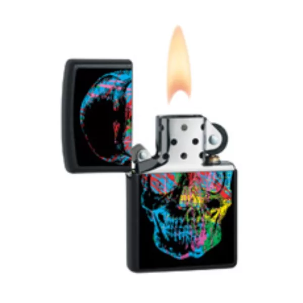 Colorful skull design on a Zippo lighter with black handle and transparent casing, visible flame.