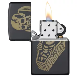 Zippo Skeleton Design lighter features a stylized skull with golden outline and intricate details on a sleek, modern black design.