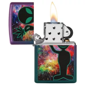 Alien-themed Zippo lighter with vibrant galaxy background and starry nebulae. Futuristic design features alien holding flame.