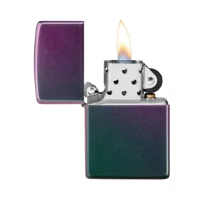 Purple and green gradient design on rectangular lighter with black button and silver border. Zippo logo on front and bottom.