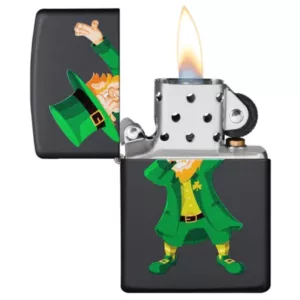 Black background lighter with a leprechaun figure holding a shamrock and waving.
