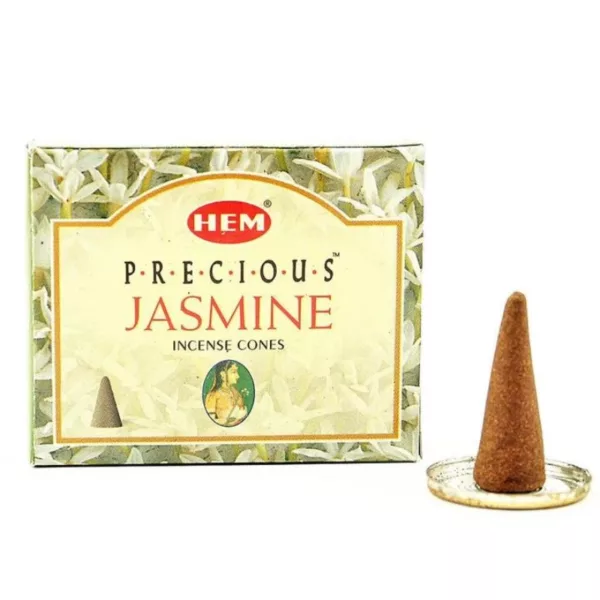 Natural Precious Jasmine Incense Cones in a decorative brown and green box, featuring falling cone design.