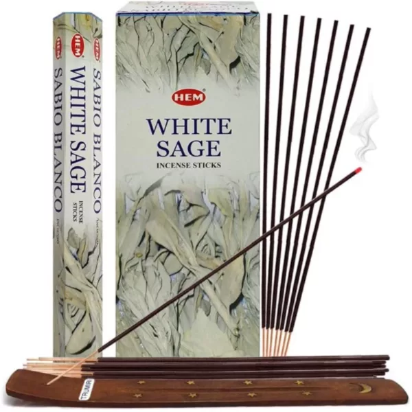 White Sage incense sticks, 6 per pack, made from dried sage leaves, packaged in a clear plastic box.