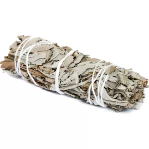 white sage smudge bundle, commonly used for purification and cleansing rituals. It has long stems and thin, waxy leaves tied with twine.
