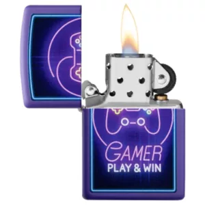 Neon blue gamer-themed Zippo lighter with sleek, modern design and bold font. Made of metal with smooth, polished surface. Can be used to light cigarettes or other tobacco products. High-quality, detailed image.