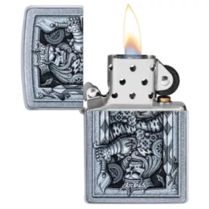 A sleek, modern metal lighter with intricate steampunk-inspired patterns and symbols, designed for both function and decoration.