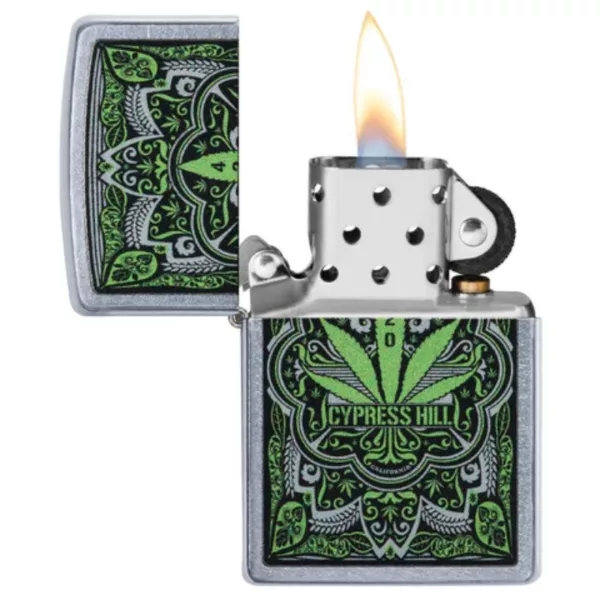 A sleek, modern green and black Cypress Hill Zippo lighter with a floral pattern and minimalist design. Made of metal and featuring a small flame inside, it's a great addition to any room.