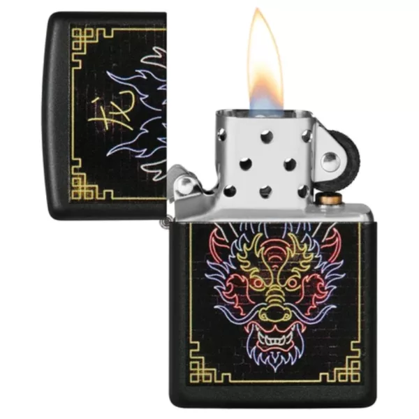 The Neon Dragon Zippo lighter has a dragon design with bright colors and intricate details on a sleek, modern black body. It has a functional button on top and a minimalist design. It is a stylish accessory for any occasion.
