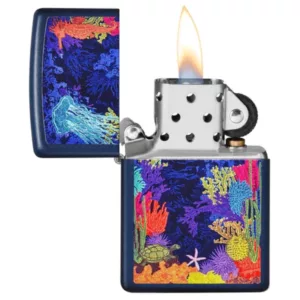 The Sea Life Zippo lighter features a colorful underwater scene with fish and coral on a blue background. It is a high-quality lighter from the popular Zippo brand.
