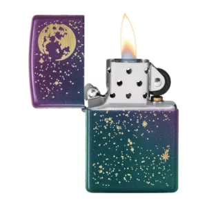 Metal lighter with moon and star design in blue and purple. Glittery, shimmering effect. Modern design. Suitable as fashion accessory or gift. Starry Sky - Zippo.
