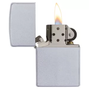 Metal lighter with white body and chrome finish. Small flame. Open top for refilling fluid.