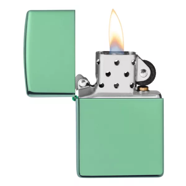 Green-bodied, black-lid Zippo lighter with lit flame. Chameleon-style design.