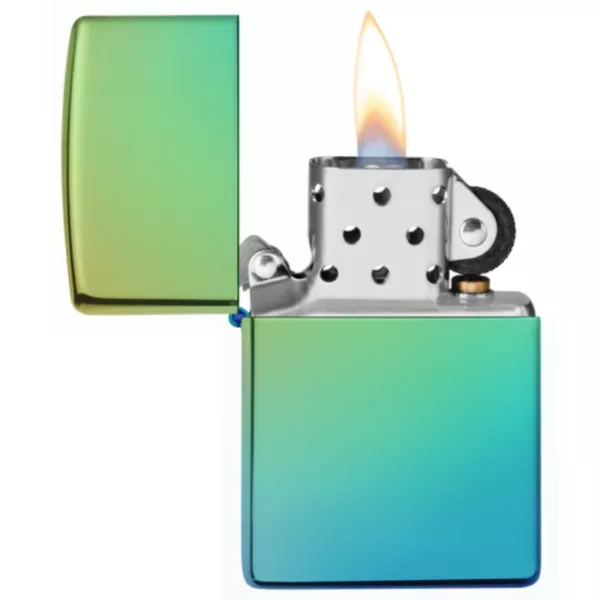 HP Teal Zippo lighter with green and blue gradient design, flat bottom, transparent top with hinge, emblem with arrow, open chamber, smooth metal body, shiny surface.