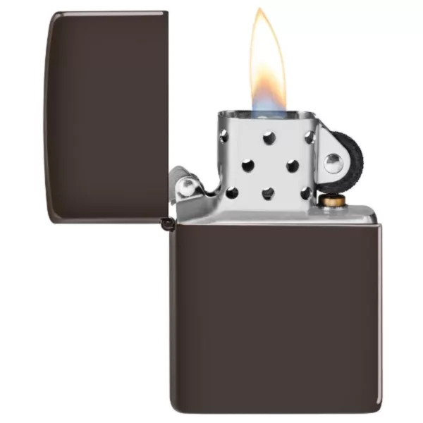 Close-up of a black, matte Zippo lighter with a flickering flame and a rectangular metal design. Hinge on back.