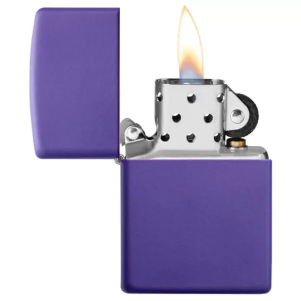 Smooth purple Zippo lighter with white emblem on front. No designs or textures.