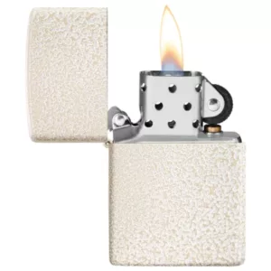 Matte white Zippo lighter with brown circle/heart pattern and refill hole.