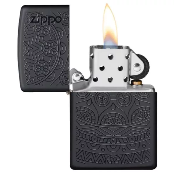 Zippo's Tone on Tone Design lighter features a sleek black and white floral pattern with a shiny finish and symmetrical shape.