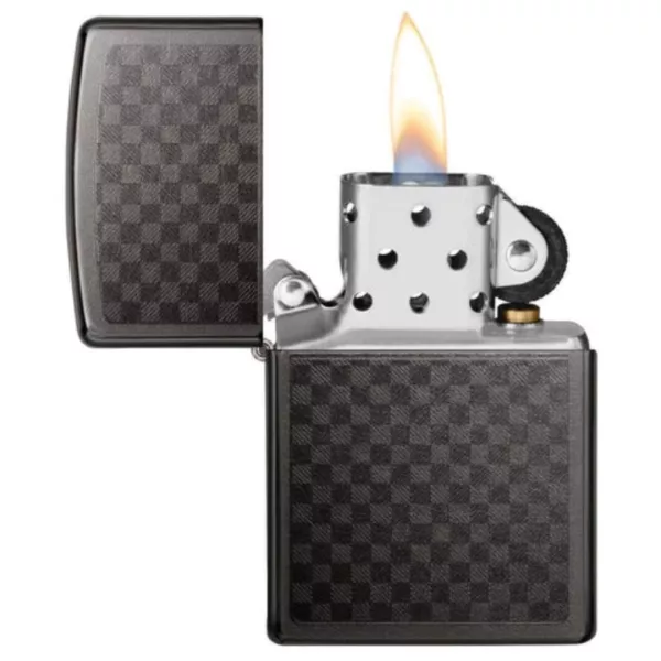 New Zippo lighter with carbon fiber pattern and symmetrical checkered design on front and back. Unused and smooth surface with tapered sides.